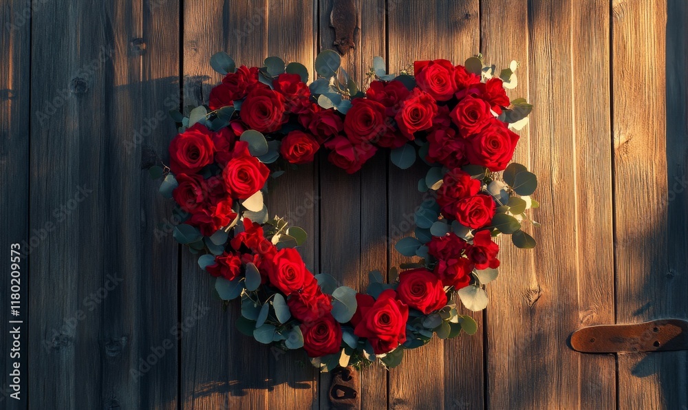 Vibrant red heart-shaped wreath made of fresh roses and eucalyptus leaves, hanging on a rustic wooden door Vibrant red heart-shaped wreath made of fresh roses and eucalyptus leaves, hanging on a rustic wooden door