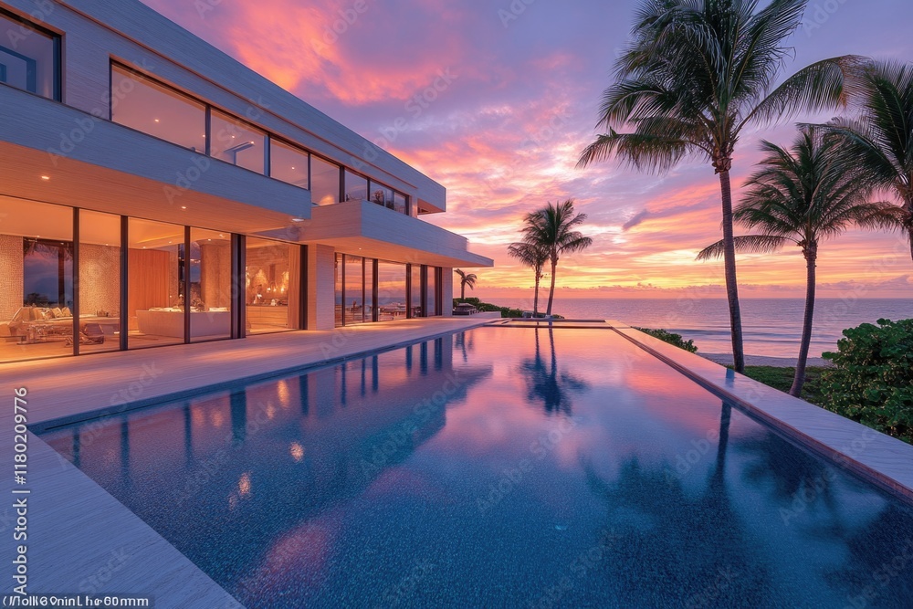 Fototapeta premium A swimming pool located in front of a house with palm trees, perfect for a relaxing day