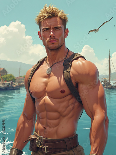 Handsome Muscular Adventurer Illustration in Fantasy Comic Style