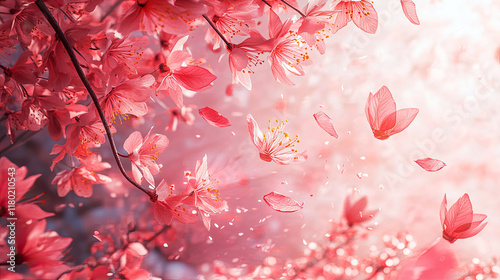 Background in pink tones with cherry blossom and falling petals, spring, romantic theme