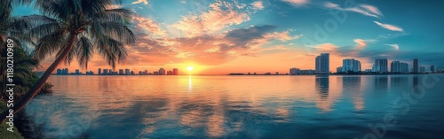 A panoramic view of a Miami sunrise over the bay, with vibrant colors reflecting on the water.