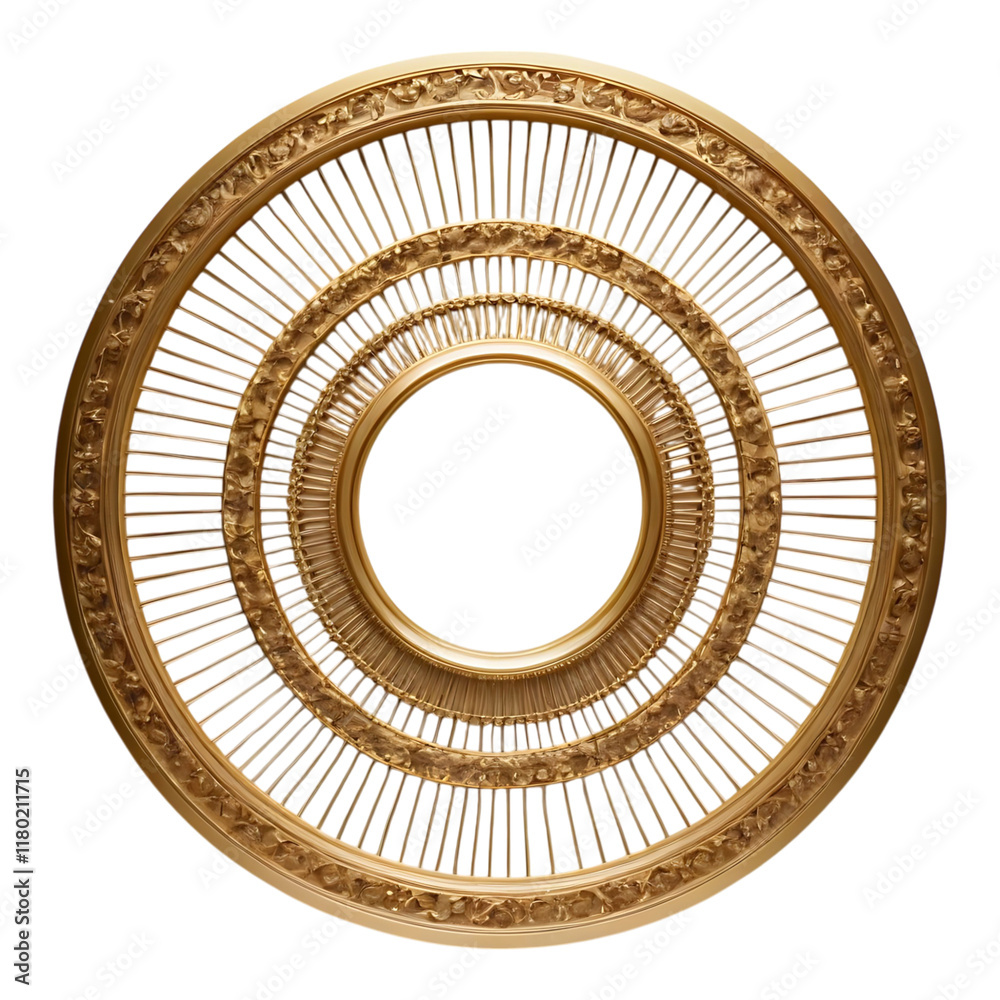Layered circular gold frame with a radiant design.