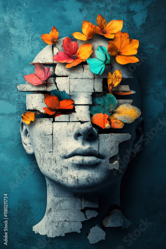 Let go of your mind, A surreal image depicting a head breaking open like a flower, featuring vibrant petals and a high-fidelity design, ideal for creative projects or artistic themes. photo