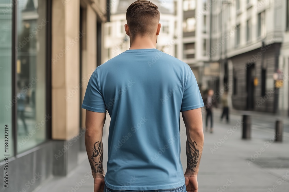 Fototapeta premium A man with short hair and tattoos on his arms stands on a city street, facing away from the camera. He wears a light blue color T-shirt mockup and jeans, with modern buildings in the background.
