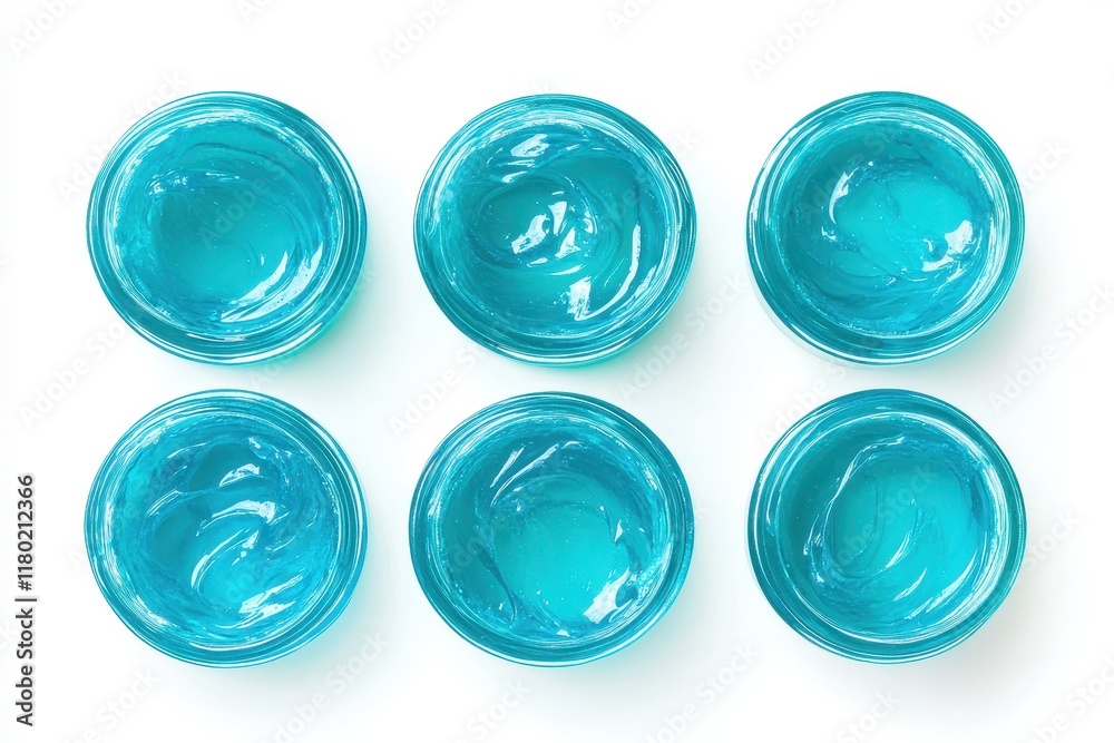 Set of Sample of turquoise facial gel isolated in white background Set of Sample of turquoise facial gel isolated in white background