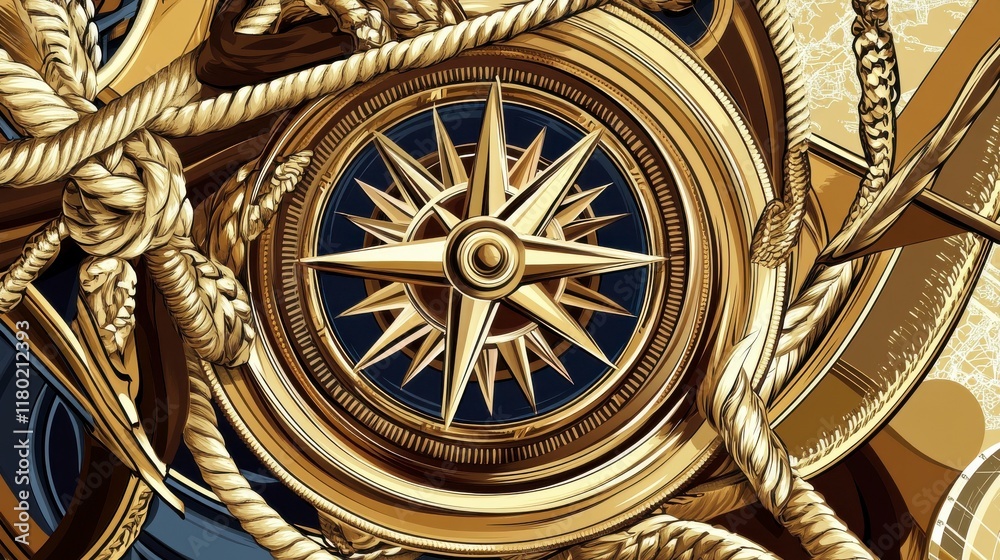 Obraz premium Golden Compass and Nautical Ropework: A Detailed Architectural Design