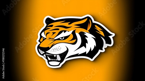 Fierce tiger head graphic, perfect for team logos or branding. Orange and black color scheme. photo