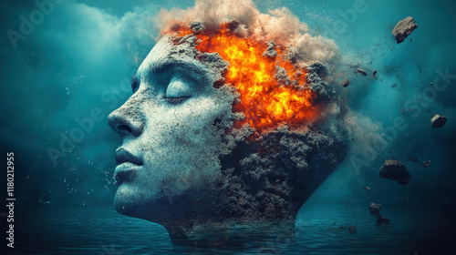 Let go of your mind, A surreal image depicting a head dissolving into water ripples, enhanced with a glowing effect, showcasing high fidelity and detailed artistry.