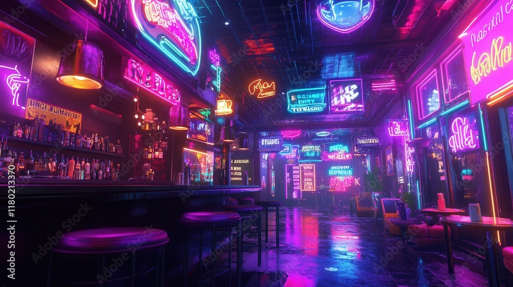 Vibrant Neon Nightlife Scene with Bar and Colorful Lights Vibrant Neon Nightlife Scene with Bar and Colorful Lights
