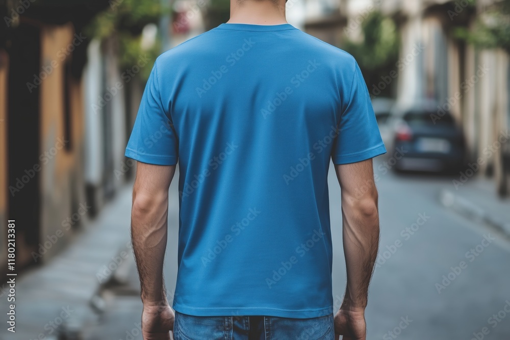 A man wearing a blue color T-shirt mockup stands on a street, facing away from the camera. The background features blurred buildings and parked cars, creating an urban atmosphere. A man wearing a blue color T-shirt mockup stands on a street, facing away from the camera. The background features blurred buildings and parked cars, creating an urban atmosphere.