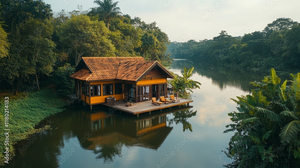 Wooden bungalow nestled on the riverbank offers a serene escape. Lush nature surrounds while comfortable chairs invite relaxation under the soft glow of sunset Wooden bungalow nestled on the riverbank offers a serene escape. Lush nature surrounds while comfortable chairs invite relaxation under the soft glow of sunset