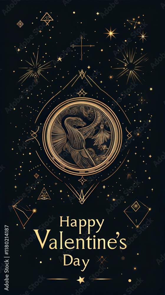 Naklejka premium Happy Valentine's Day Tarot Card Design - Gold on Dark Red Background in Vintage Gothic Style