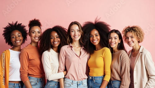 Diverse group happy women standing close together,radiating positivity,unity.Their smiles convey friendship and strength,perfect for themes such as community,diversity,female solidarity modern setting photo