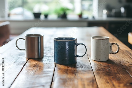 Three ceramic mugs on a rustic wooden table in natural sunlight photo