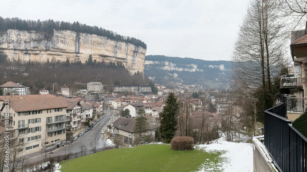 Panoramic view of Swiss town nestled against a cliff face. Possible use Stock photo. Panoramic view of Swiss town nestled against a cliff face. Possible use Stock photo.