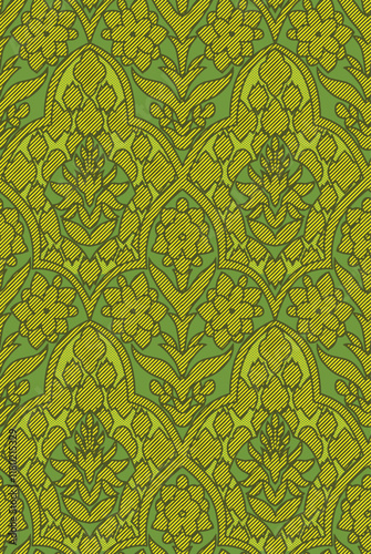 A vibrant, symmetrical floral pattern with colorful flowers and leaves arranged in diamond shapes on a dark background.