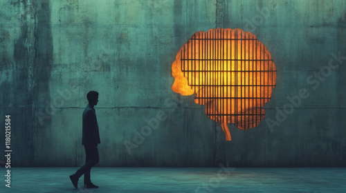Let go of your mind, A silhouette of a person walking away from a glowing brain, captured in high fidelity, showcasing creativity and knowledge.
