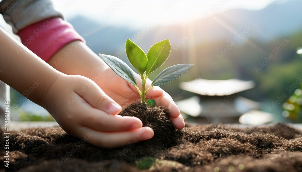 Fototapeta premium Scene with sprout growing in child's hand