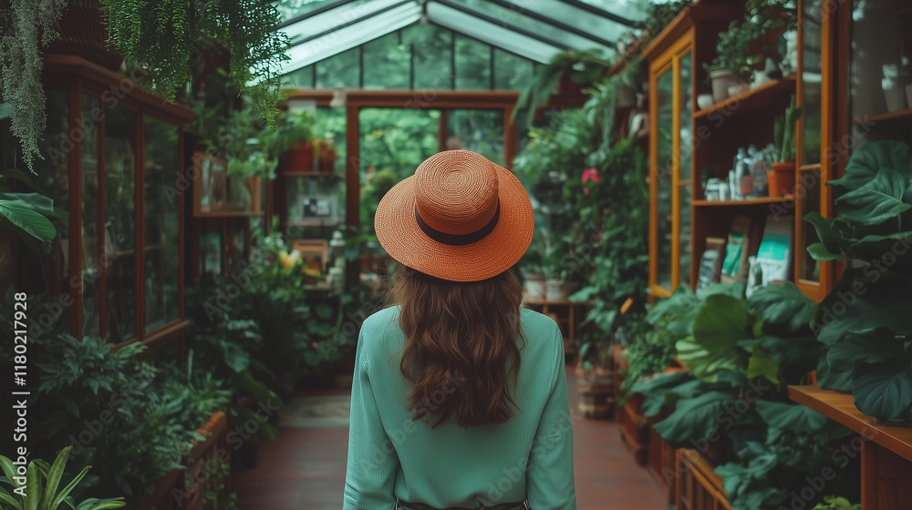Fototapeta premium Exploring eco-friendly clothing options inside a lush greenhouse filled with greenery and plants