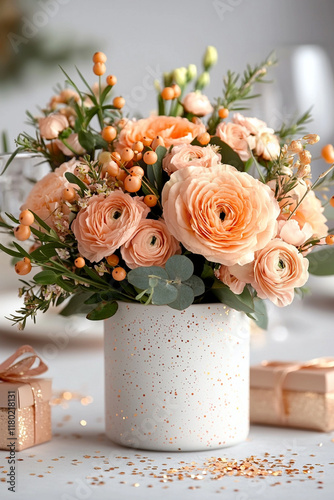 Elegant floral arrangement with peach roses in white vase on decorative table
