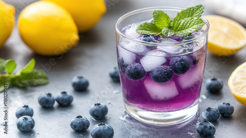 Refreshing blueberry lemonade served with ice and mint on a summer picnic table under gentle sunlight photo