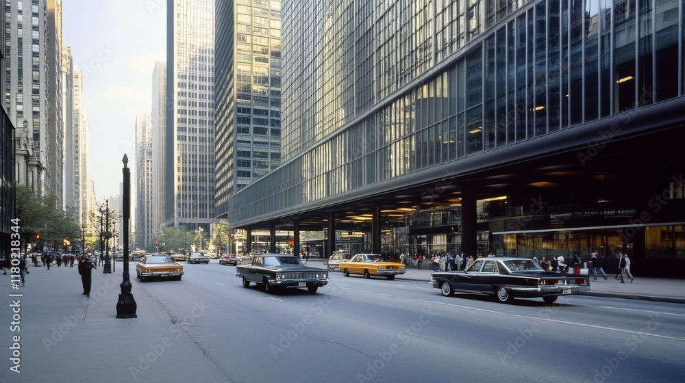 Busy urban street with classic cars in motion, amidst towering glass facades reflecting golden light. Busy urban street with classic cars in motion, amidst towering glass facades reflecting golden light.