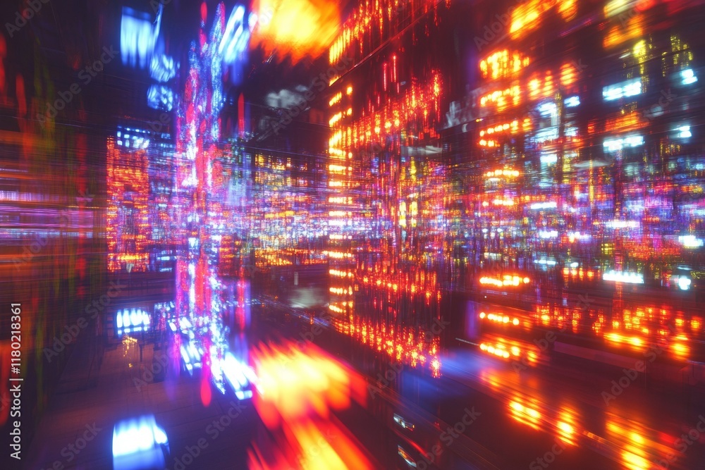 Obraz premium The bar features dynamic, pulsating lights illuminating rows of bottles, creating a vibrant and energetic nightlife scene that attracts patrons seeking excitement after dark