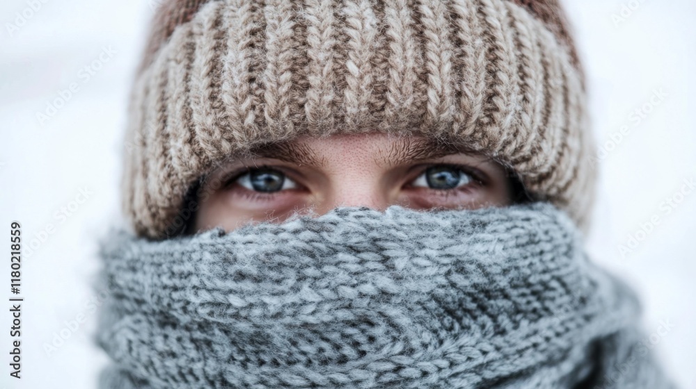 Close-up portrait of a man's face partially covered by a knitted hat and scarf in snowy weather. Close-up portrait of a man's face partially covered by a knitted hat and scarf in snowy weather.