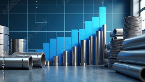 Metal pipes and cylinders against a backdrop of a rising blue bar graph, symbolizing growth and industrial progress.  The image evokes a sense of strength, stability, and industrial success.