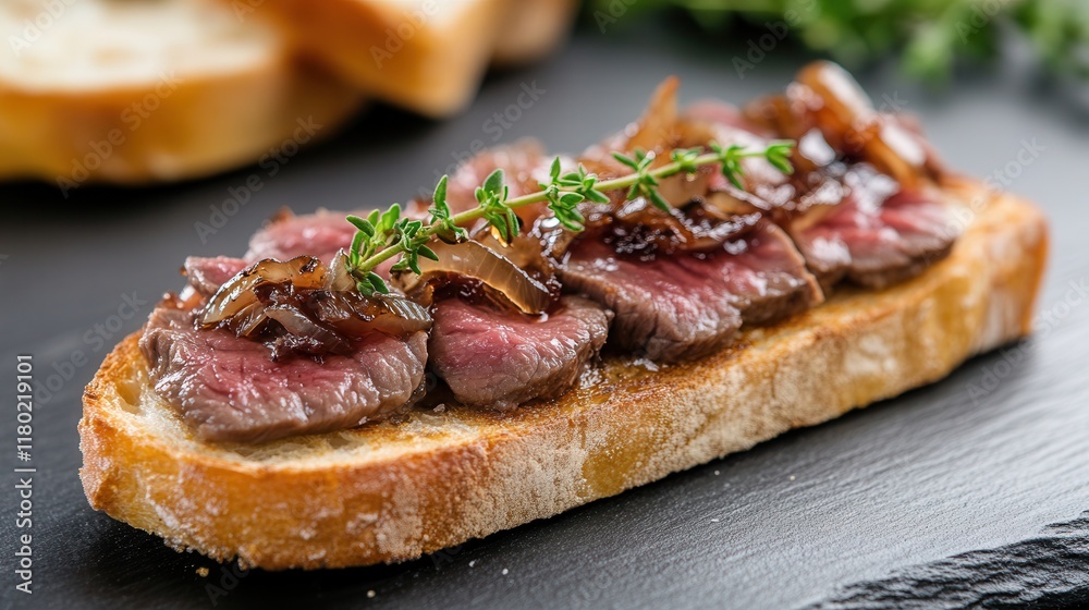 Sourdough toast topped with tender beef, caramelized onions, and balsamic reduction garnished with fresh thyme Sourdough toast topped with tender beef, caramelized onions, and balsamic reduction garnished with fresh thyme
