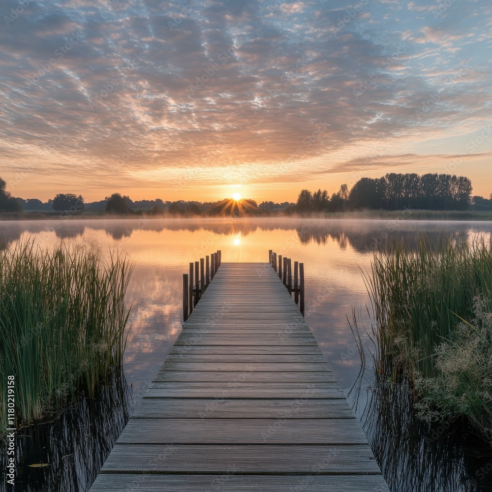 Obraz premium Serenity at dawn with a wooden dock extending into a calm lake