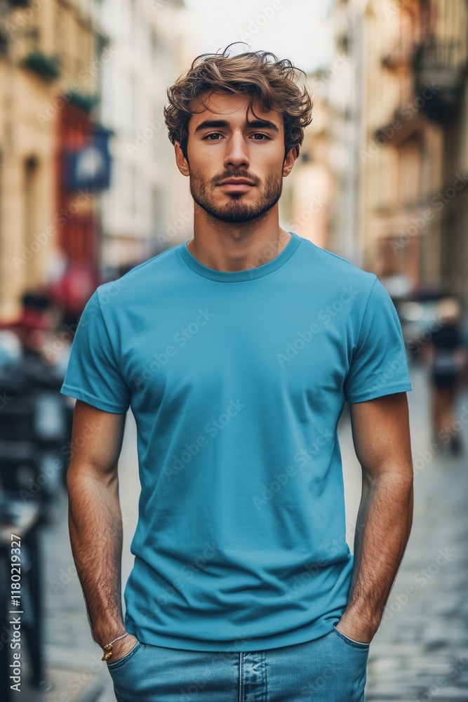 A young man stands confidently in a city street, wearing a blue color T-shirt mockup and jeans. His tousled hair and serious expression add to the urban vibe of the scene.