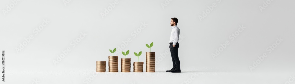A businessman observes growing plants emerging from stacks of coins, symbolizing investment and financial growth. A businessman observes growing plants emerging from stacks of coins, symbolizing investment and financial growth.