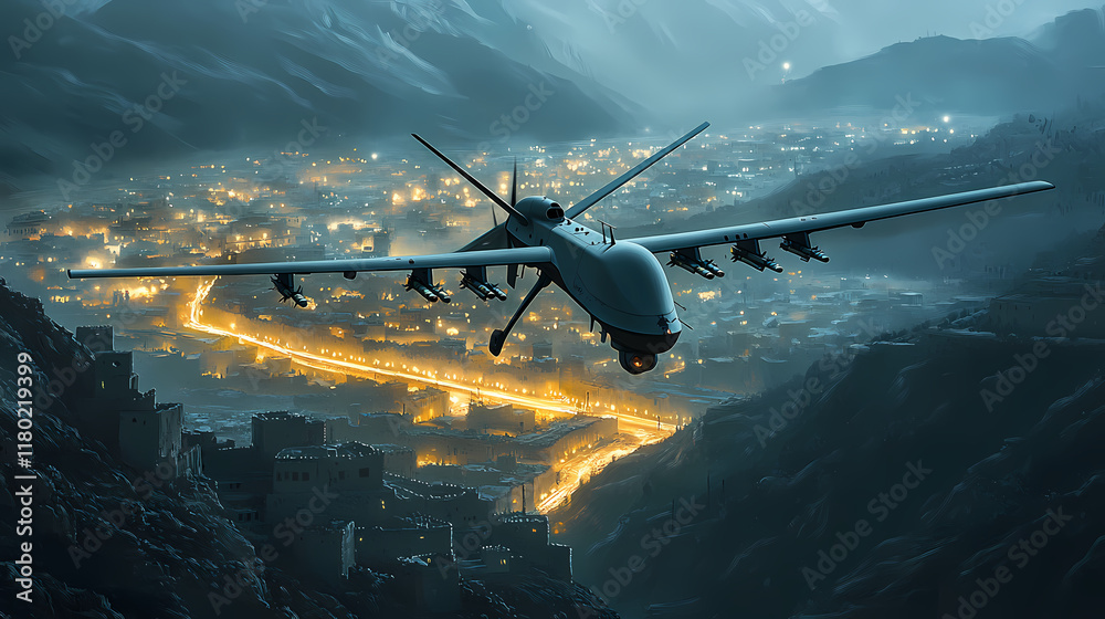Fototapeta premium Vista satellitare di un drone militare che sorvola una zona di guerra, operazioni di guerra, visione notturna. target militare. operazione sotto copertura. rilievi montuosi. Ivorylight. Illustration
