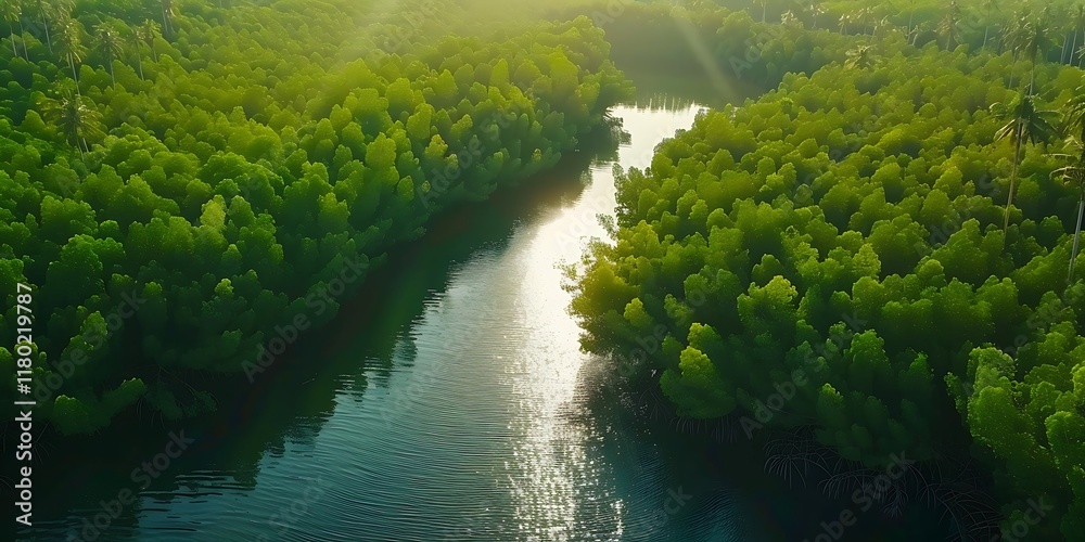 An aerial view of a lush mangrove forest with a narrow waterway running through it The trees are a vibrant green and the water is a deep blue
An aerial view of a lush mangrove forest with a narrow waterway running through it The trees are a vibrant green and the water is a deep blue