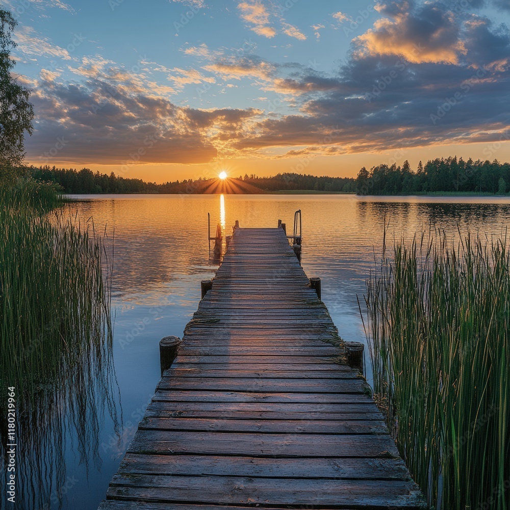 Obraz premium Stunning sunset over serene lake with wooden dock and reflections in water