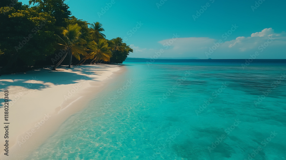 Tropical beach with clear water and palm trees under bright sunlight on a serene day Tropical beach with clear water and palm trees under bright sunlight on a serene day