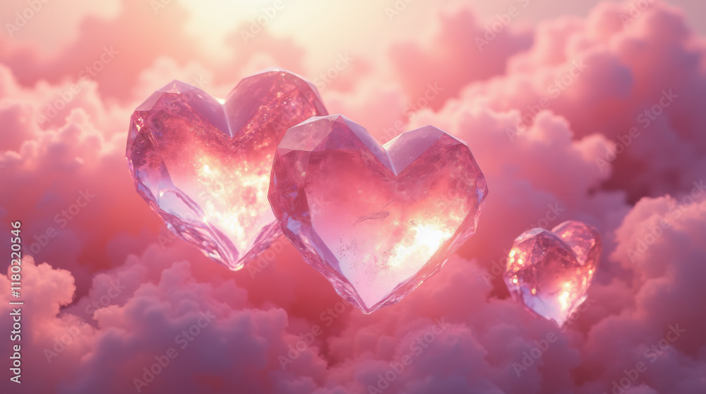 Shimmering crystal hearts floating above soft pink clouds at sunset displaying romantic charm and whimsy Shimmering crystal hearts floating above soft pink clouds at sunset displaying romantic charm and whimsy