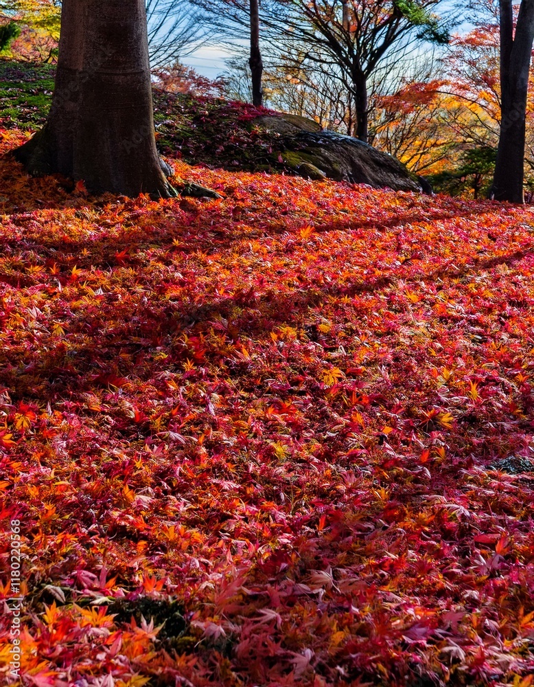 Autumn leaves blanket the forest floor in a vibrant display of red and orange hues. Autumn leaves blanket the forest floor in a vibrant display of red and orange hues.