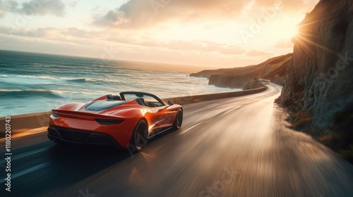 A sleek sports car driving by the ocean.