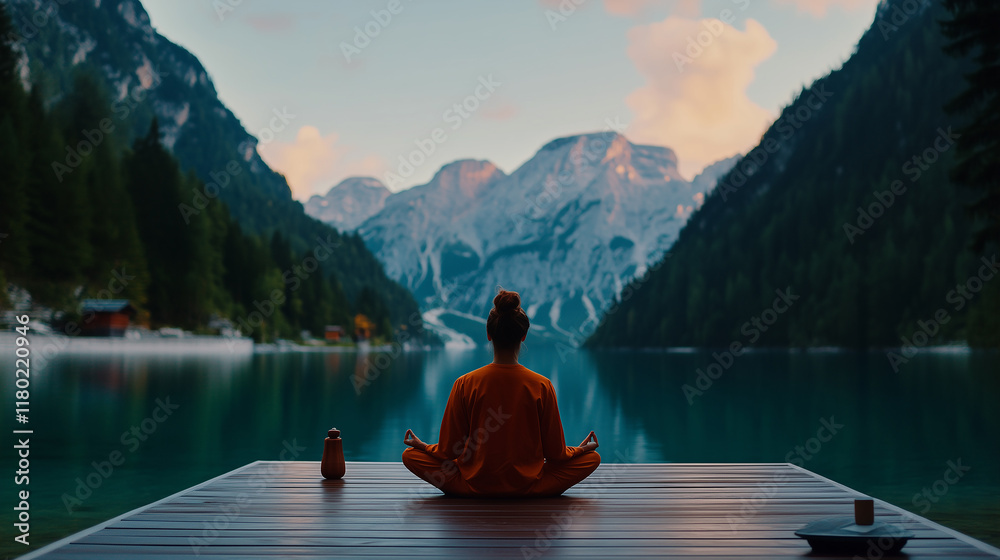 Mindfulness practice by the serene lake at sunrise surrounded by majestic mountains Mindfulness practice by the serene lake at sunrise surrounded by majestic mountains