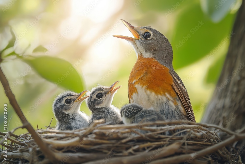 Adult Bird Feeding Its Hungry Baby Birds In Nest Adult Bird Feeding Its Hungry Baby Birds In Nest
