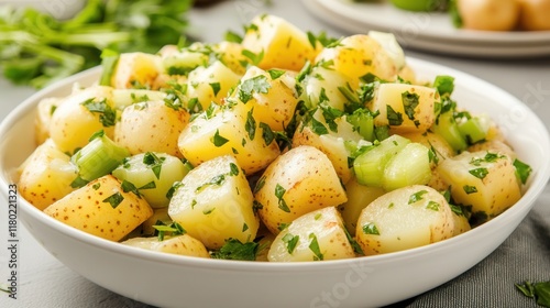 Vegan potato salad with fresh herbs and creamy dressing in minimalist presentation for healthy dining
