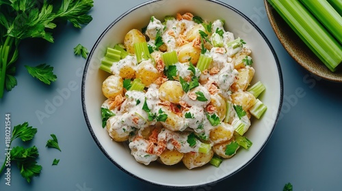 Vegan potato salad with cubed potatoes, fresh herbs and creamy dressing served in a white bowl for a healthy meal option. recipe