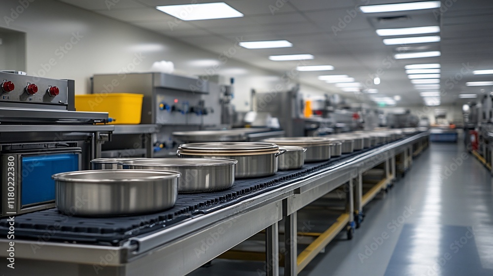 Industrial Kitchen Conveyors: Stainless Steel Pots on a Modern Food Preparation Line Industrial Kitchen Conveyors: Stainless Steel Pots on a Modern Food Preparation Line