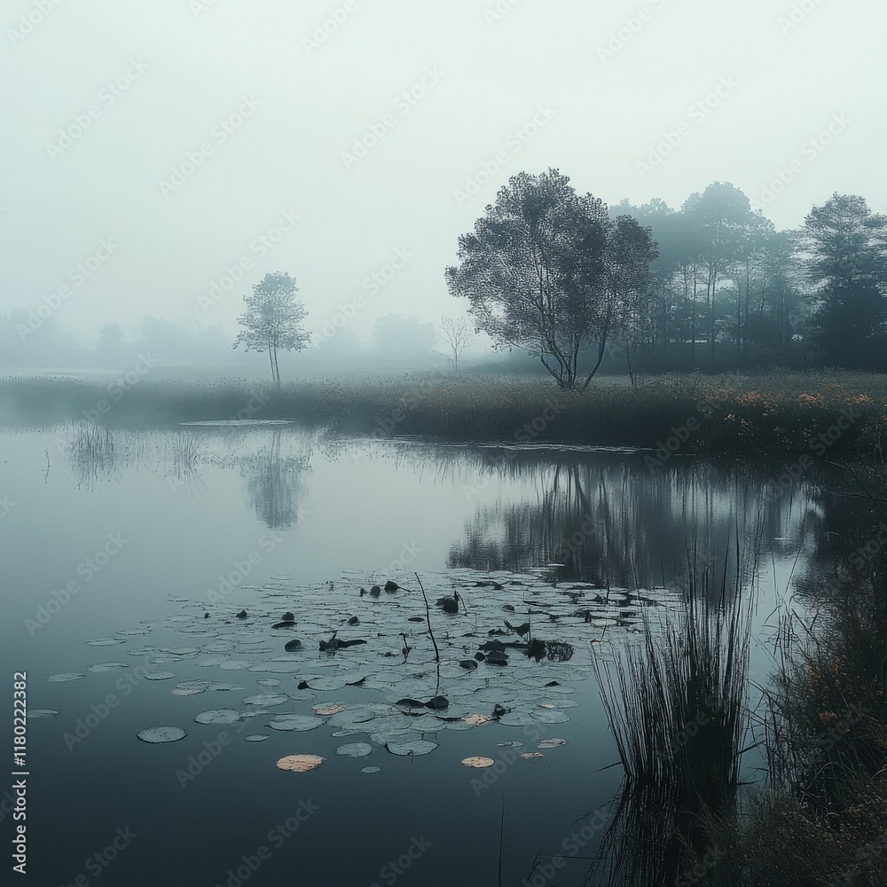 Fototapeta premium Misty morning reflections over a tranquil lake surrounded by trees