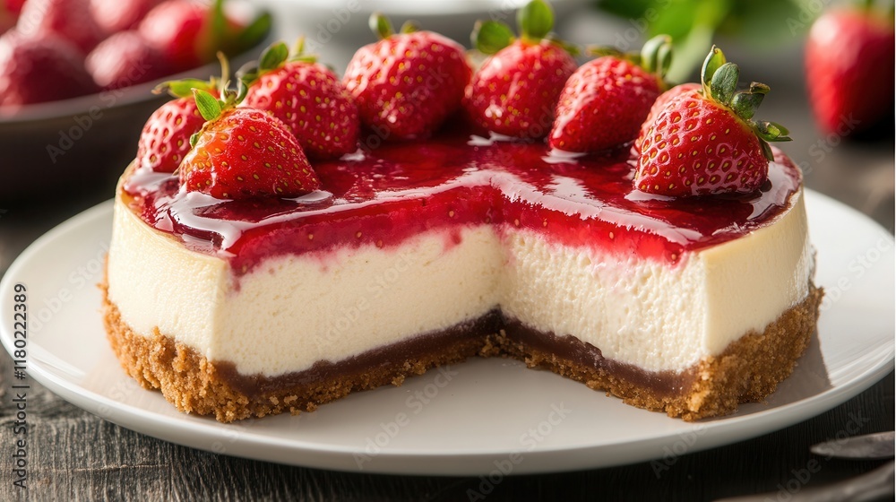 Strawberry cheesecake with glossy topping and smooth lines on modern plate surrounded by minimal greenery Strawberry cheesecake with glossy topping and smooth lines on modern plate surrounded by minimal greenery