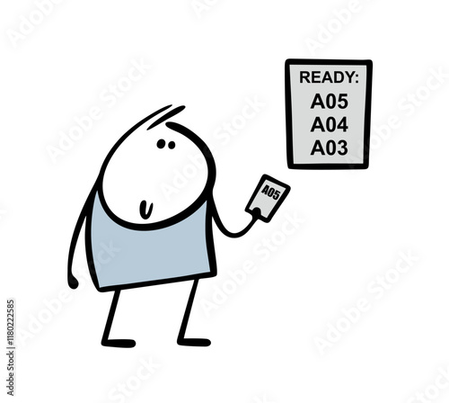 Man is standing in line and holding  ticket with queue number. Cartoon vector illustration,  electronic scoreboard shows who goes to the next code to the doctor or to the post office. 