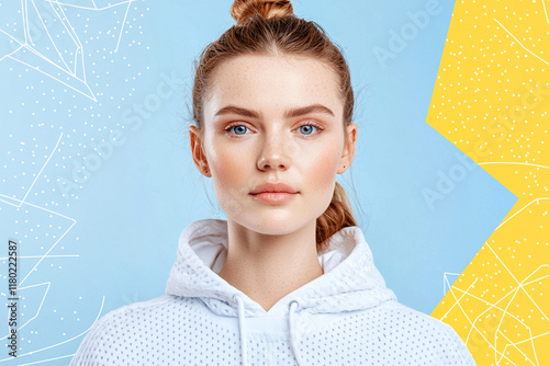 Portrait of a young caucasian female in white hoodie on colorful background