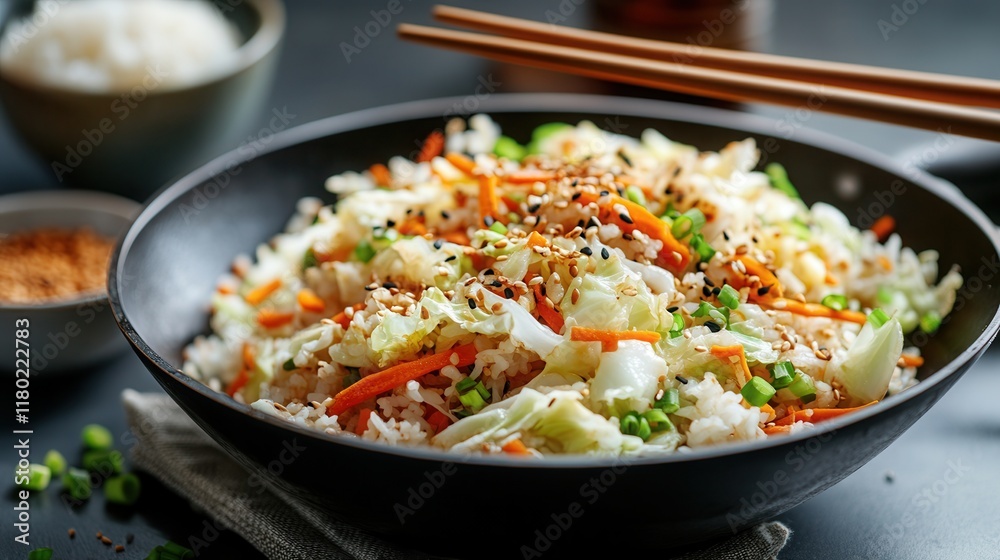 Stir-fried cabbage and carrots served with steamed rice in a modern kitchen environment Stir-fried cabbage and carrots served with steamed rice in a modern kitchen environment